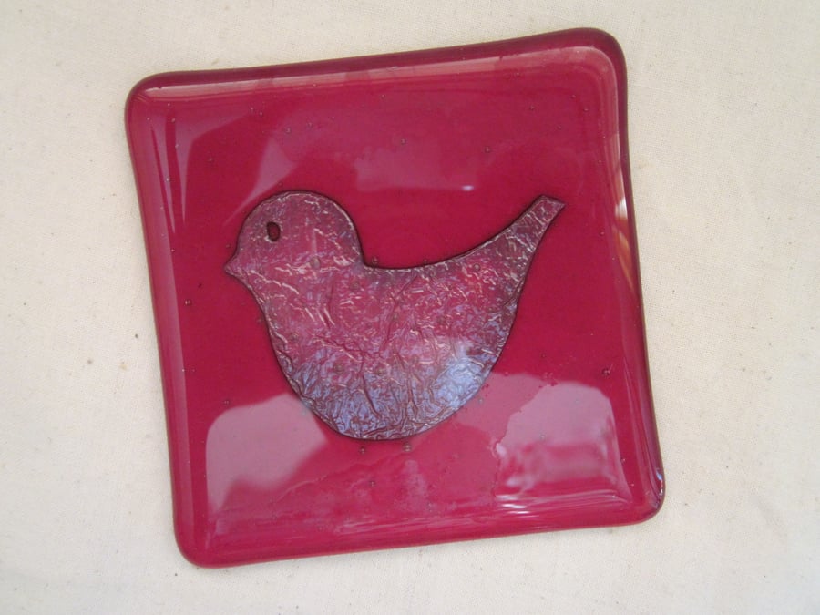 Handmade fused glass coaster - copper cute birdie on cherry red