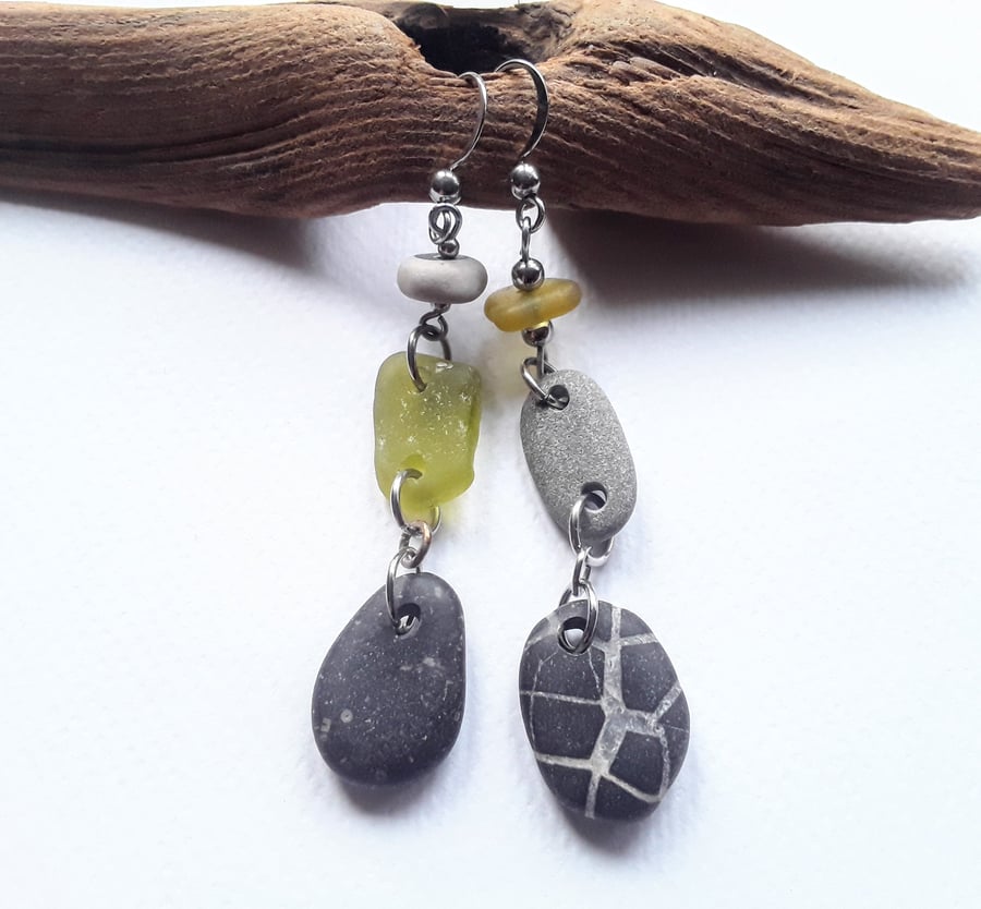 Beach Boho Pebble & Seaglass Dangle Earrings: Black & Golden Yellow