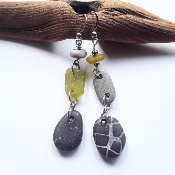 Beach Boho Pebble & Seaglass Dangle Earrings: Black & Golden Yellow