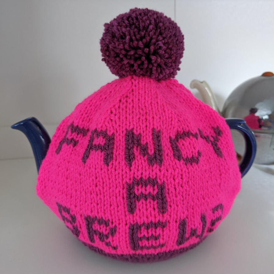 ‘Fancy a brew?’ knitted tea cosy