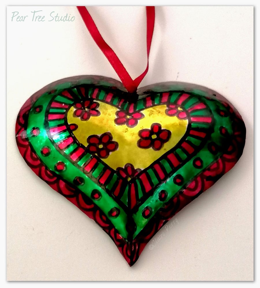 Small pink, green and Yellow metal heart decoration. Hand made.
