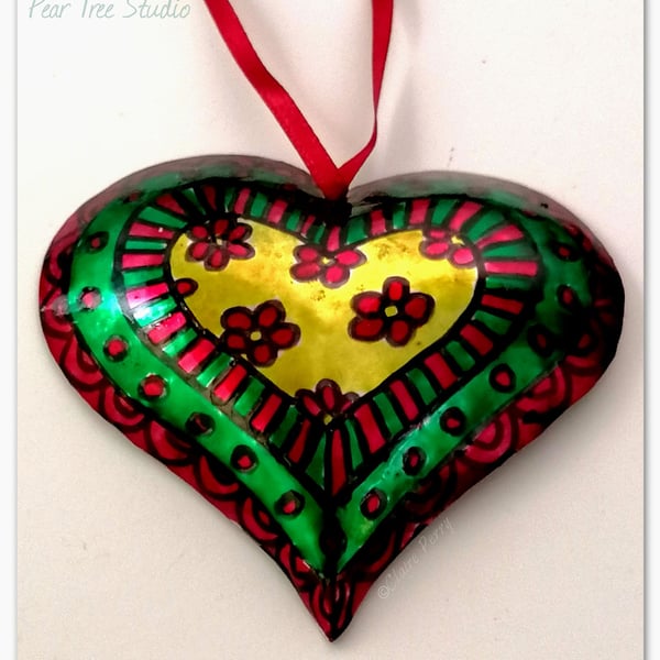 Small pink, green and Yellow metal heart decoration. Hand made.