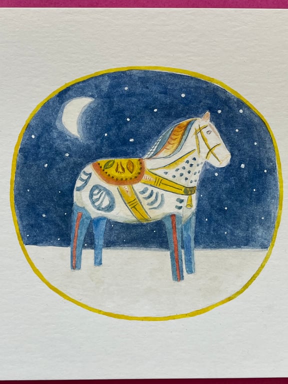 Dala horse in a winter landscape original gouache painting 