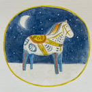 Dala horse in a winter landscape original gouache painting 