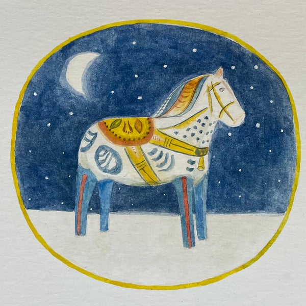 Dala horse in a winter landscape original gouache painting 
