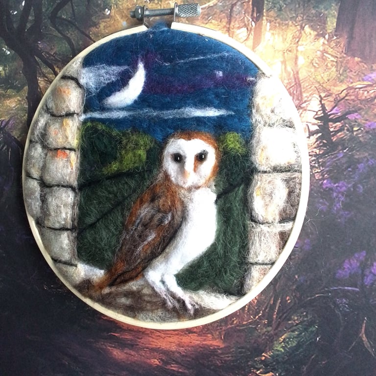 Needle felted owl in moonlit landscape 