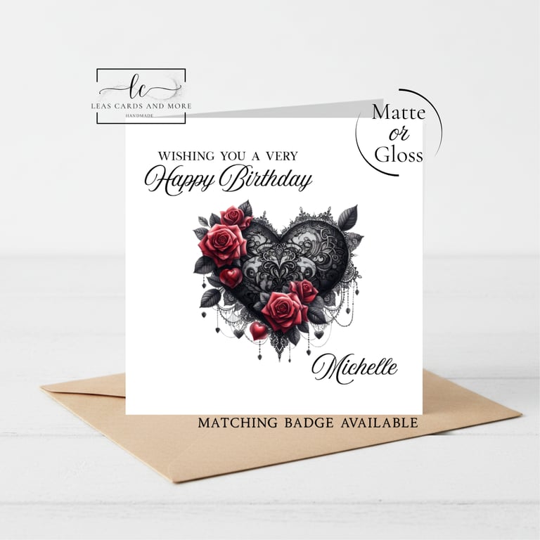 Red Floral Black Lace Happy Birthday Card
