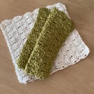 TWO CROCHET FACE CLOTHS GREEN & CREAM REUSABLE WASH CLOTHS