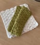 TWO CROCHET FACE CLOTHS GREEN & CREAM REUSABLE WASH CLOTHS