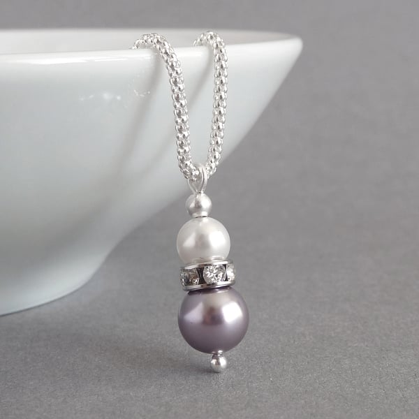 Lilac and White 2 Pearl Pendant Necklace - Light Purple Tear Drop Necklaces