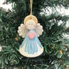 Teeny little ceramic angel Christmas angel blue dress pink heart