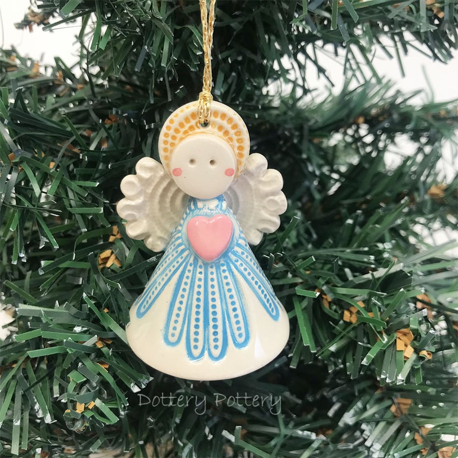Teeny little ceramic angel Christmas angel blue dress pink heart