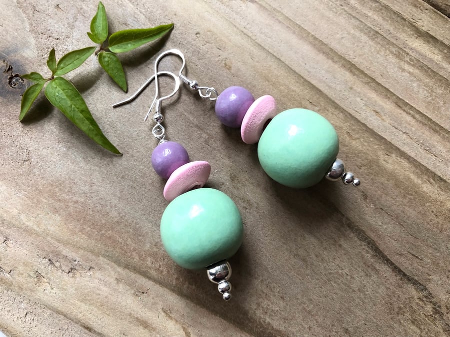 Big Turquoise Green, Pink & Purple Wooden Bead Earrings. Dangly Boho Beaded