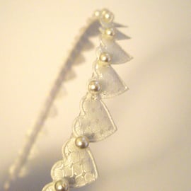 White Hearts and Pearls Vintage Style Head Band - UK Free Post