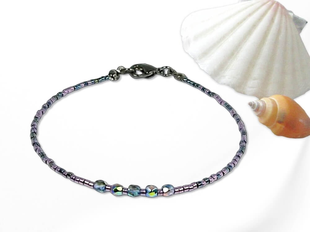 Dainty Purple & Dark Green Seed Bead Stacking Bracelet - 6.5" -  8.5"