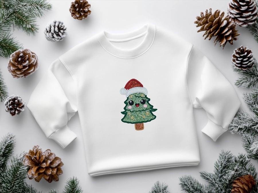 Sparkle Glitter Embroidered ChristmasTree Kids Sweatshirt