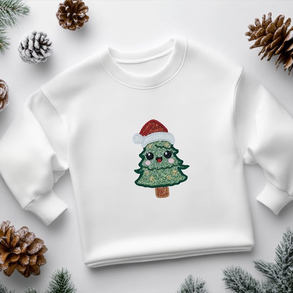 Sparkle Glitter Embroidered ChristmasTree Kids Sweatshirt