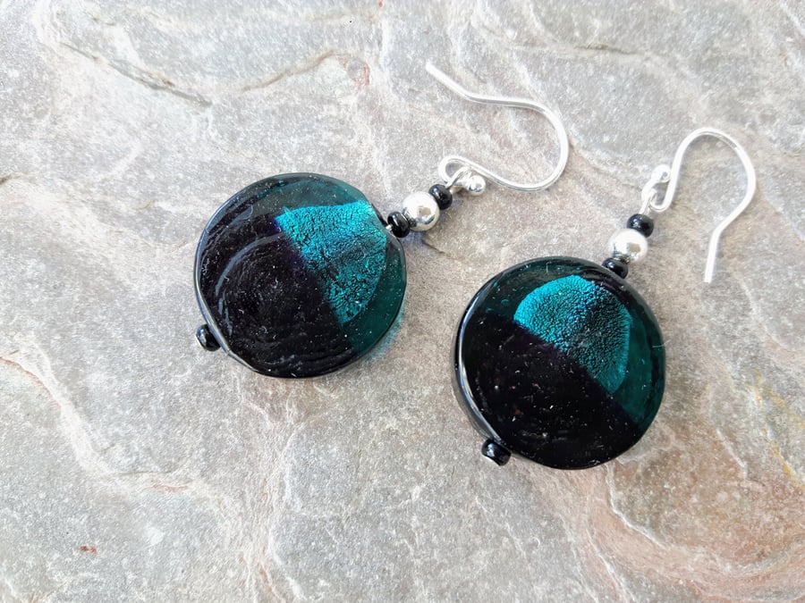 Sterling Silver and Glass Bead Drop Earrings, Teal and Black