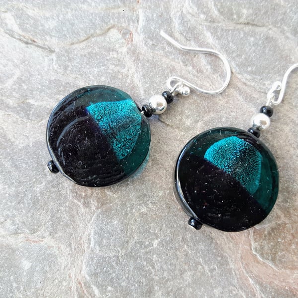Sterling Silver and Glass Bead Drop Earrings, Teal and Black