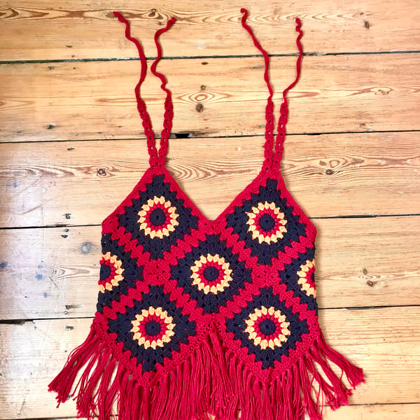 Summer Top. Crochet. Handmade. Red, Black, Yellow. Small size.