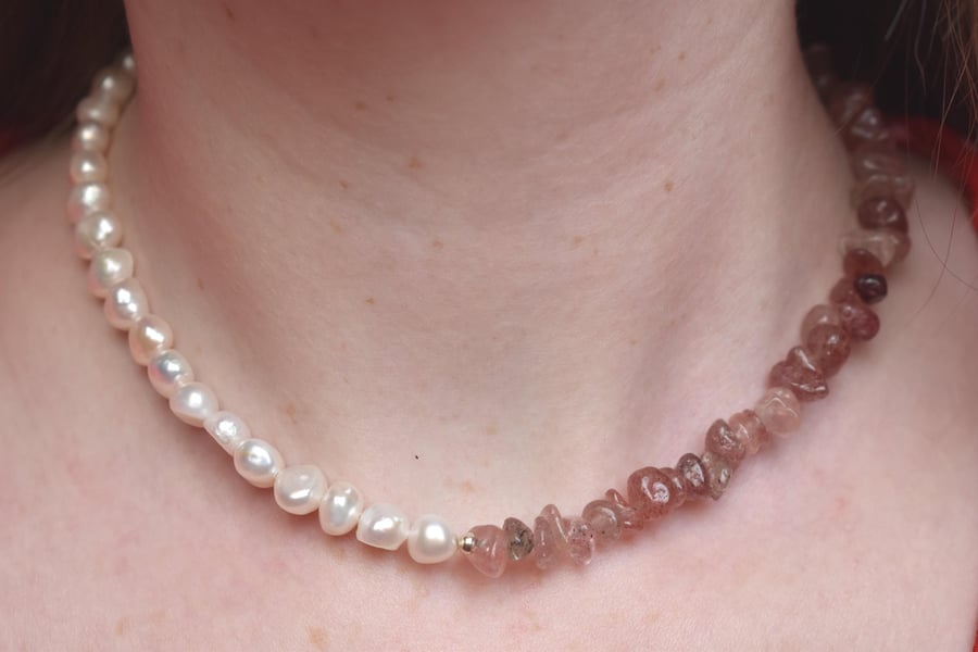 Strawberry Quartz & Freshwater Pearl Necklace - Handmade Gemstone Jewellery