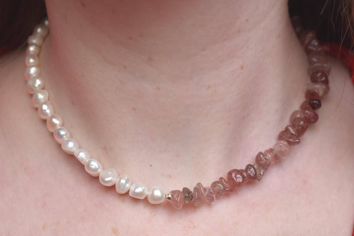 Strawberry Quartz & Freshwater Pearl Necklace - Handmade Gemstone Jewellery