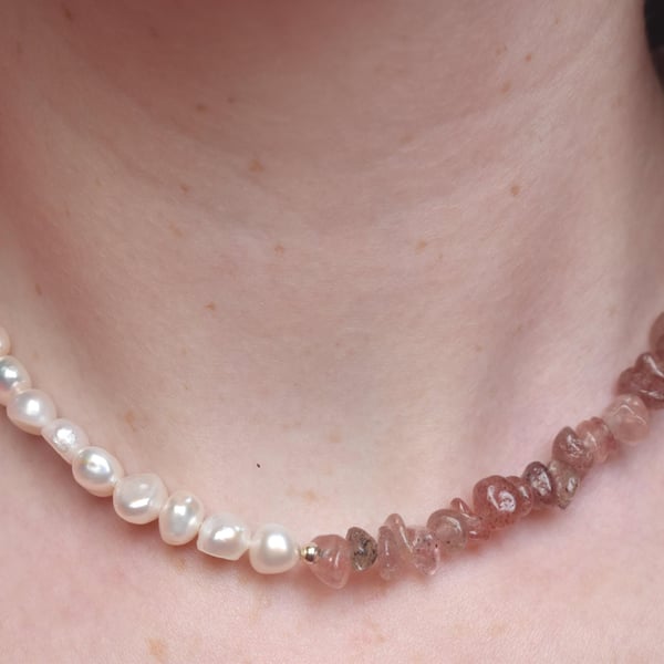 Strawberry Quartz & Freshwater Pearl Necklace - Handmade Gemstone Jewellery