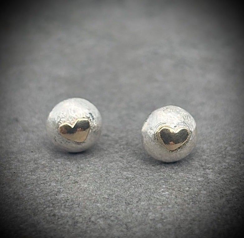 Gold Heart Pebble Studs, silver pebble studs, valentines gift, gold heart studs,
