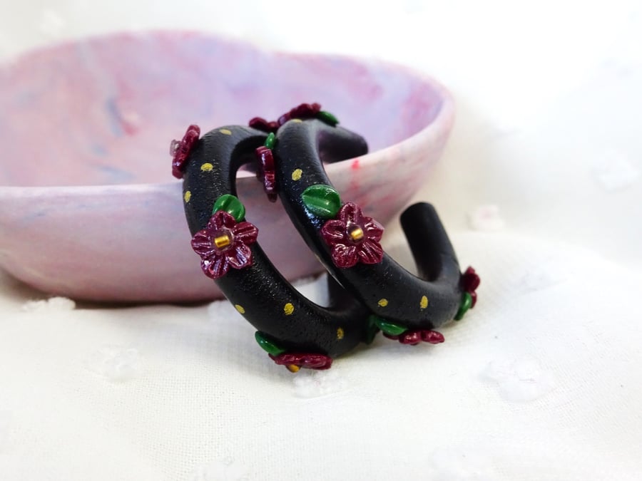 Black Hoop Earrings, Whimsy Goth Floral Hoops, Burgundy Flower Earrings