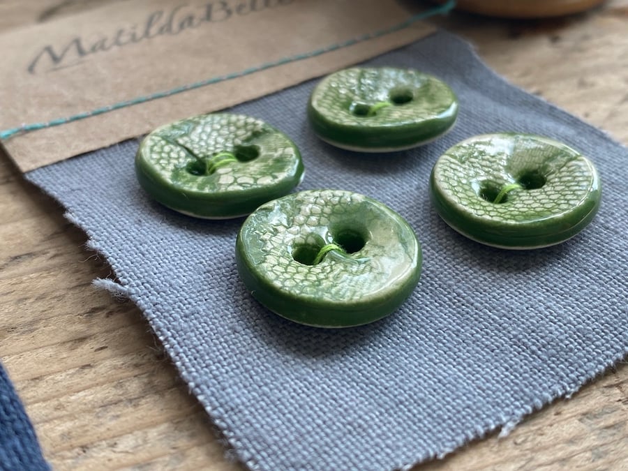 Buttons handmade ceramic set of four small round green buttons