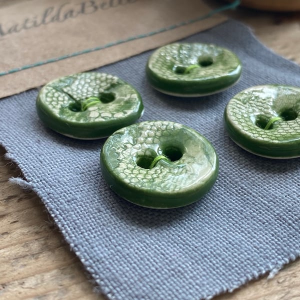 Buttons handmade ceramic set of four small round green buttons