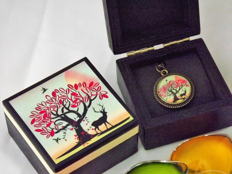MINI BOX & PENDANT - Matching Sage Green Meadow Gift Set Mini Jewellery Box