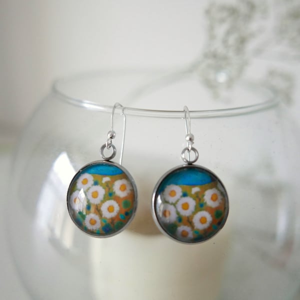 Daisy Dangle Earrings, Artwork Jewellery, Wearable Art Floral, White Flowers 