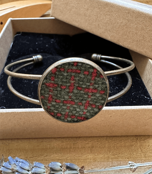 Bangle with Hand Dyed & Woven British Wool Green & Rust Check Cuff Bracelet