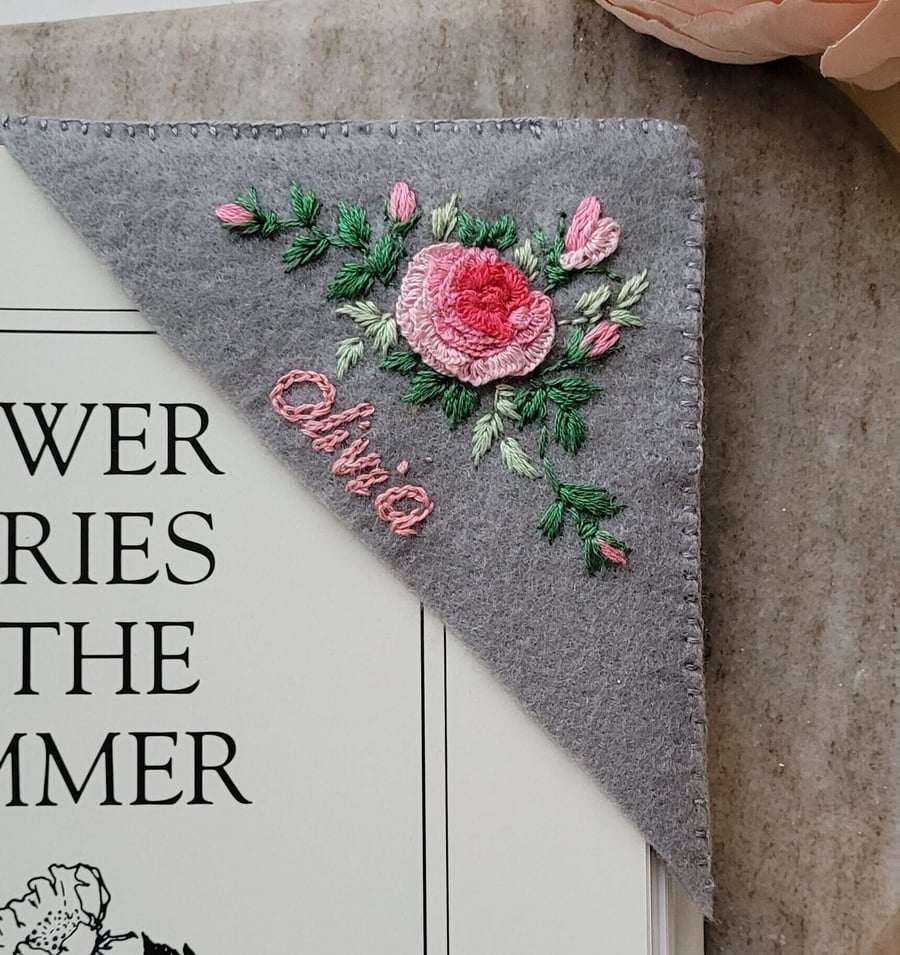 personalised Corner Bookmark, hand embroidered, pinkroses,  booklovers gift