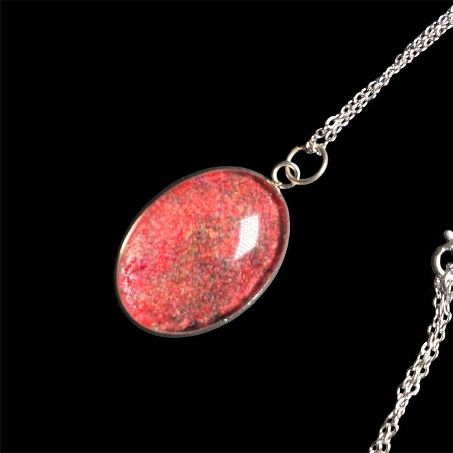Wool and silk red oval pendant with chain, with gift box option