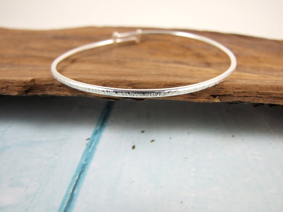 Sterling Silver Hammered Texture Skinny Bangle Adjustable Fit Small to Medium