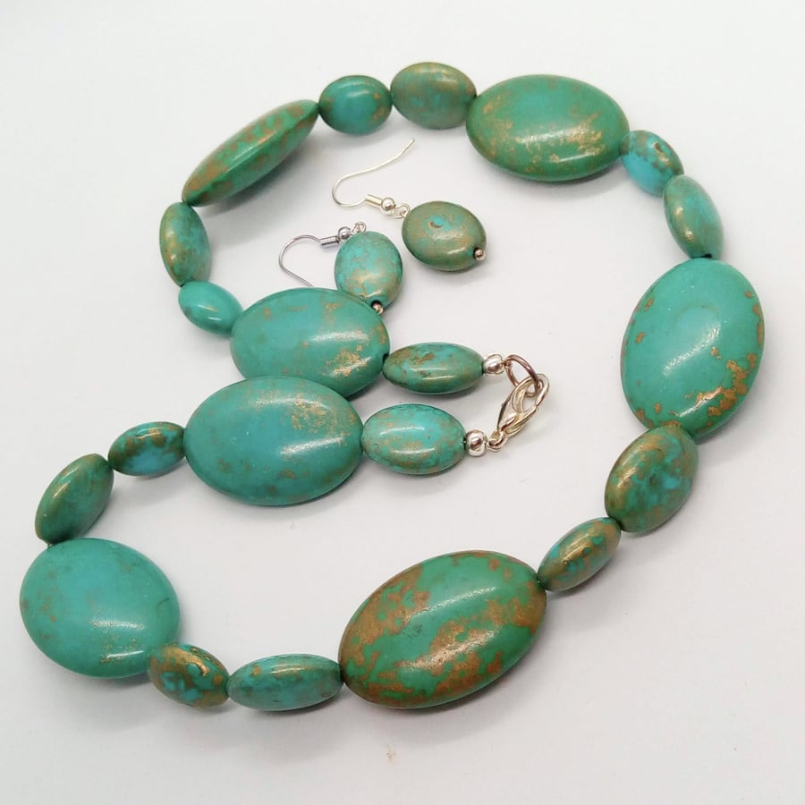 Blue Large and Small Turquoise Oval Bead Jewellery Set, Jewellery Gift for Her