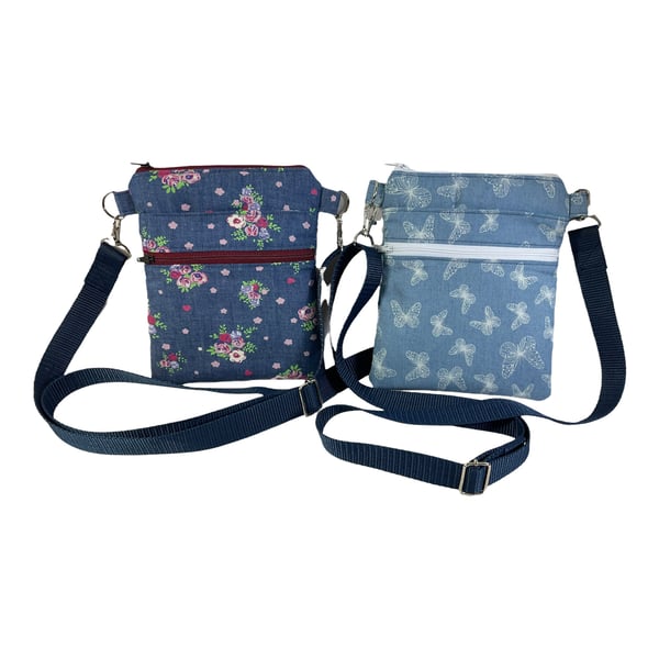 Denim slim phone shoulder bag with multi pockets, butterfly teenager messenger ,