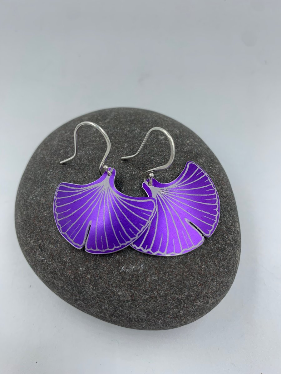 Purple aluminium ginkgo leaf earrings