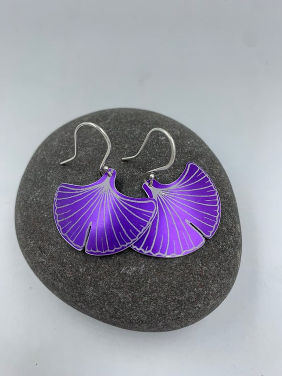 Purple aluminium ginkgo leaf earrings