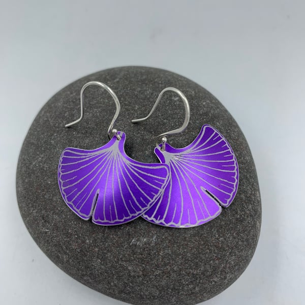 Purple aluminium ginkgo leaf earrings