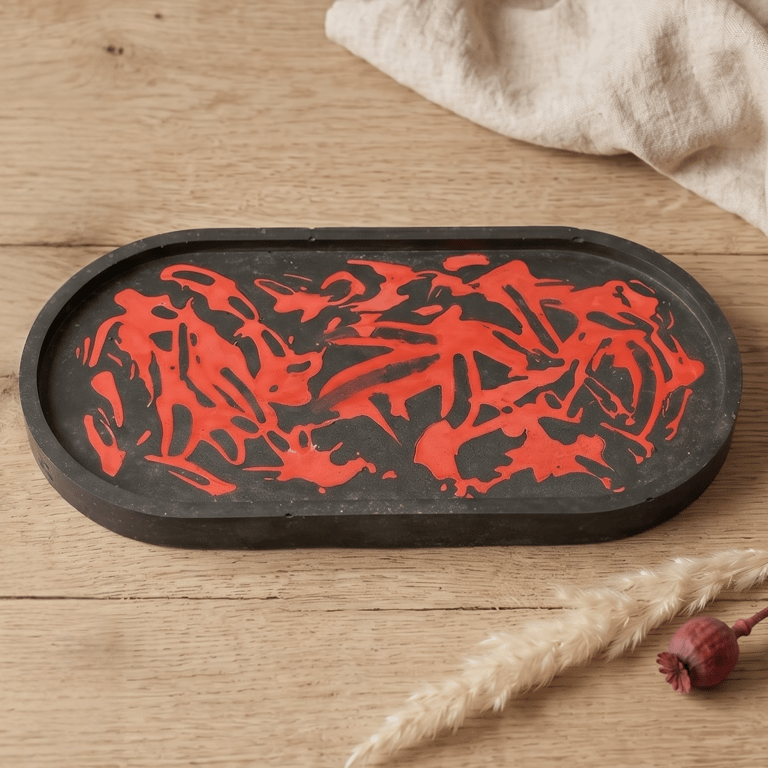 Large Oval Decorative Trinket Tray - Red and Black Catchall Valet Tray