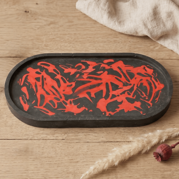Large Oval Decorative Trinket Tray - Red and Black Catchall Valet Tray