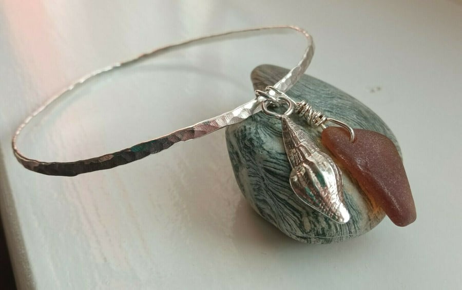 Recycled Sterling Silver Bangle with Fine Silver Seashell & Amber Seaglass-Large