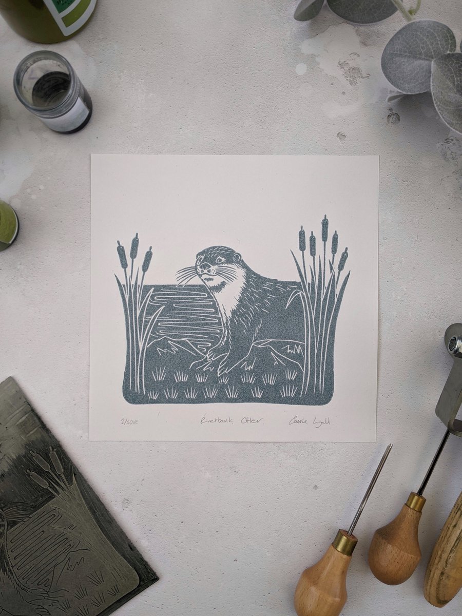 Riverbank Otter Linocut Print
