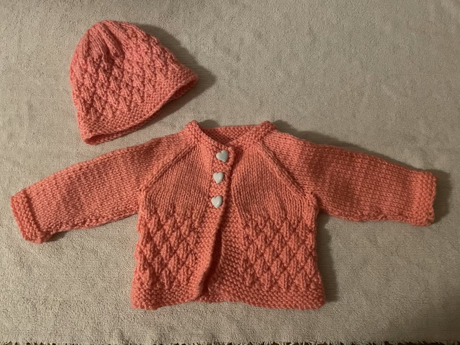 Hand knitted newborn hat and cardigan set