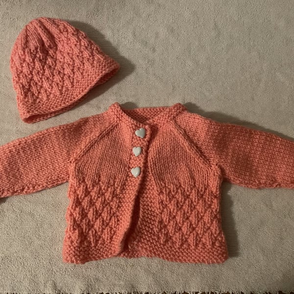 Hand knitted newborn hat and cardigan set