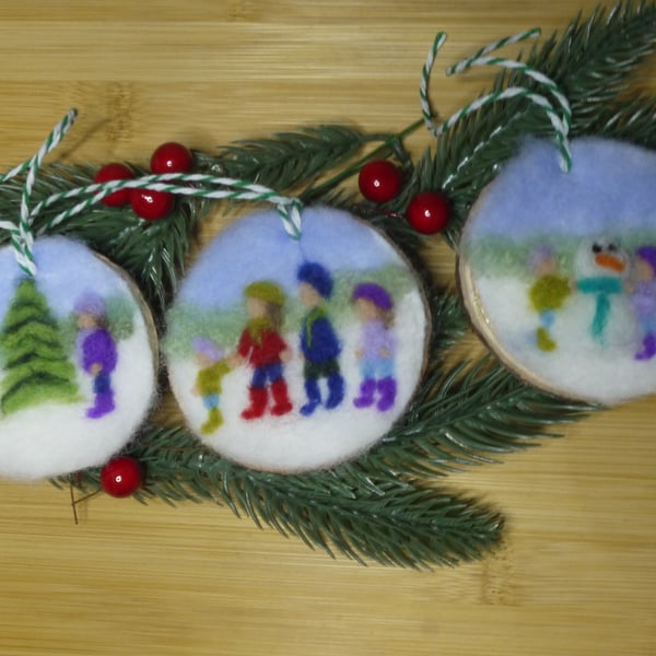 Set of 3 Needle felted Festive Family log slice ornaments