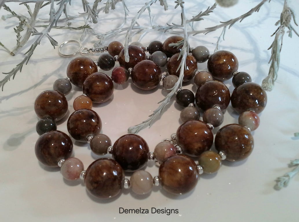 Statement Bronzite & Agate Silver Plate Necklace